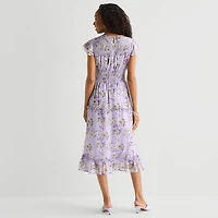 Perceptions Womens Midi Round Neck Short Sleeve Ruffled Floral Fit + Flare Dress