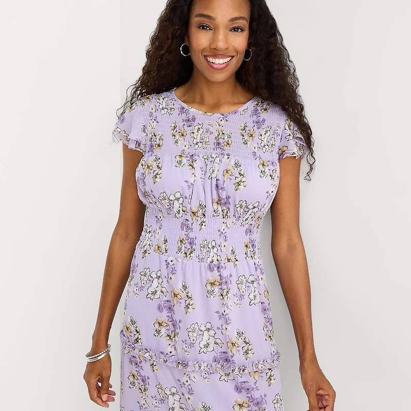 Perceptions Womens Midi Round Neck Short Sleeve Ruffled Floral Fit + Flare Dress