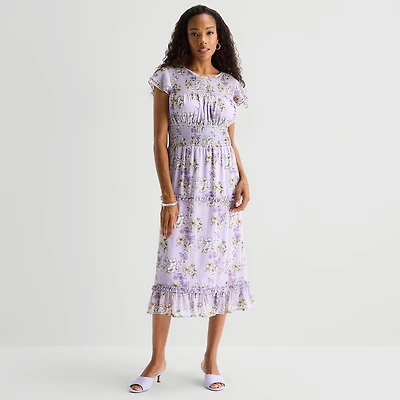 Perceptions Womens Midi Round Neck Short Sleeve Ruffled Floral Fit + Flare Dress
