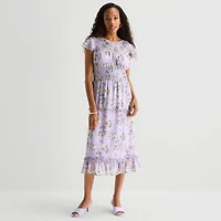 Perceptions Womens Midi Round Neck Short Sleeve Ruffled Floral Fit + Flare Dress