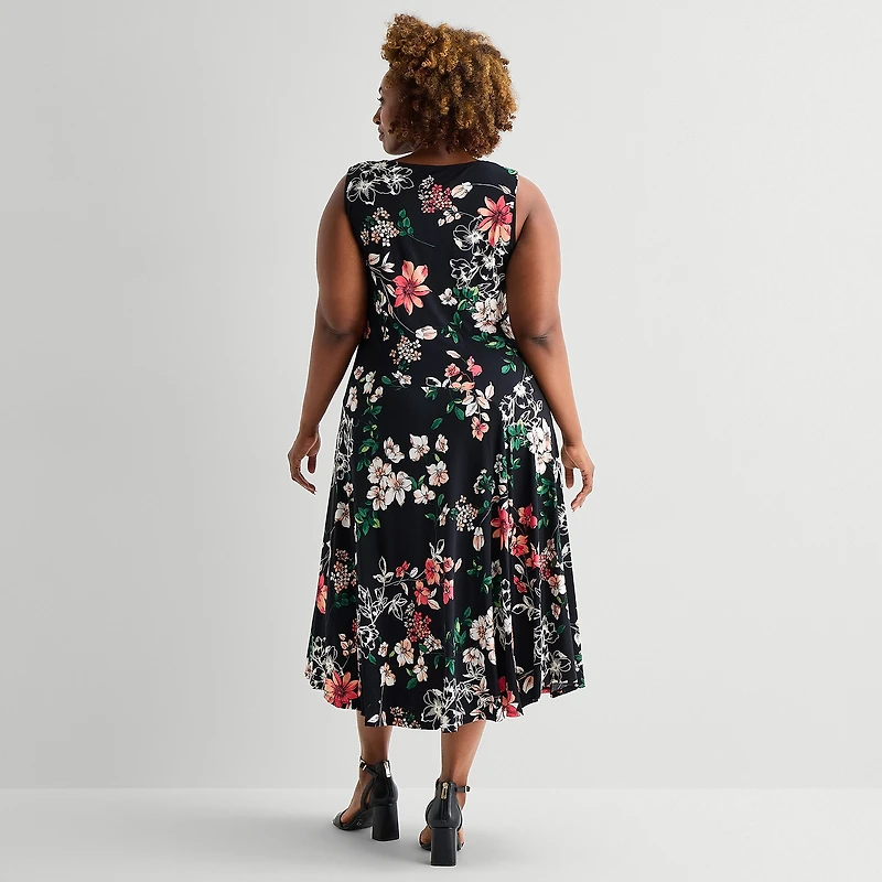 Robbie Bee Womens Plus Midi Crew Neck Sleeveless Floral Fit + Flare Dress