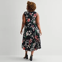 Robbie Bee Womens Plus Midi Crew Neck Sleeveless Floral Fit + Flare Dress
