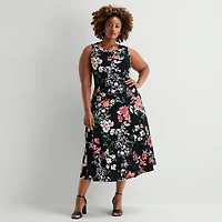 Robbie Bee Womens Plus Midi Crew Neck Sleeveless Floral Fit + Flare Dress