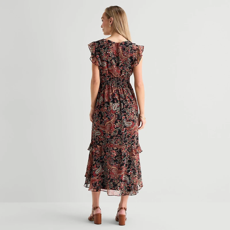 Danny & Nicole Womens Midi V Neck Short Sleeve Ruffled Paisley Fit + Flare Dress