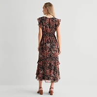 Danny & Nicole Womens Midi V Neck Short Sleeve Ruffled Paisley Fit + Flare Dress