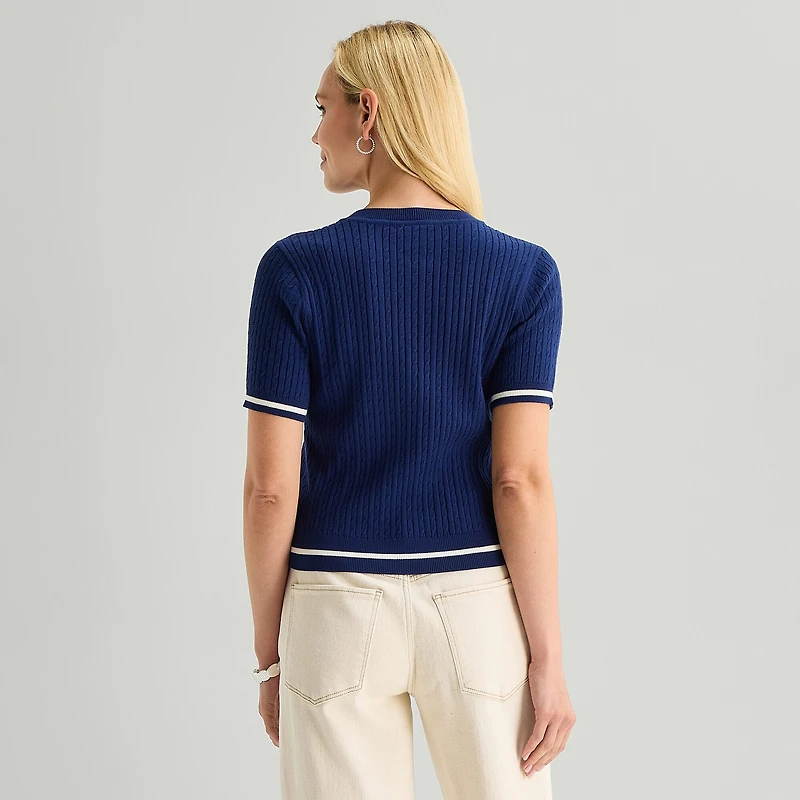 St. John's Bay Womens Crew Neck Short Sleeve Cable Knit Pullover Sweater