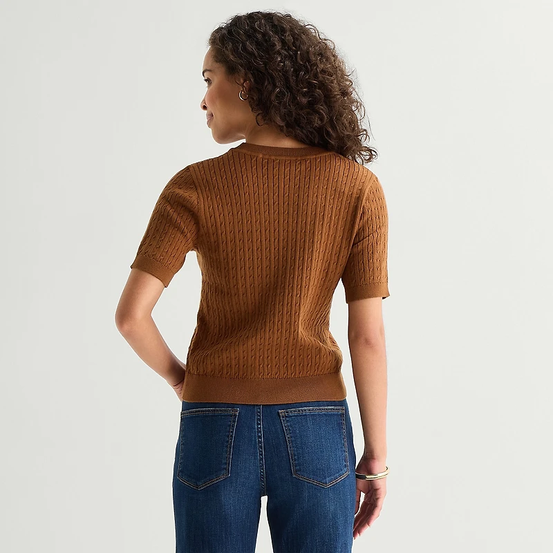 St. John's Bay Womens Crew Neck Short Sleeve Cable Knit Pullover Sweater