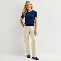 St. John's Bay Womens Crew Neck Short Sleeve Cable Knit Pullover Sweater