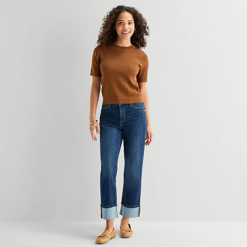 St. John's Bay Womens Crew Neck Short Sleeve Cable Knit Pullover Sweater