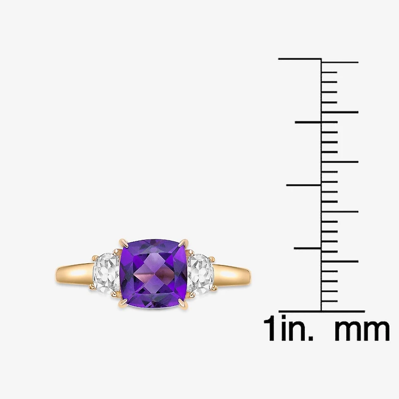 Womens Genuine Purple Amethyst 18K Gold Over Silver Cushion 3-Stone Cocktail Ring