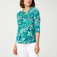 Liz Claiborne Womens Petite Keyhole Neck 3/4 Sleeve Blouse