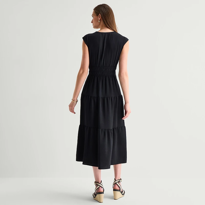 Be by CHETTA B Womens Midi V Neck Short Sleeve Fit + Flare Dress