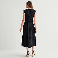 Be by CHETTA B Womens Midi V Neck Short Sleeve Fit + Flare Dress