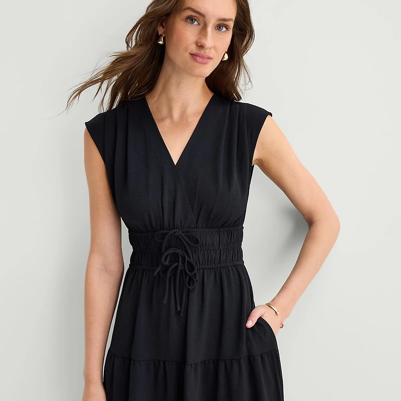 Be by CHETTA B Womens Midi V Neck Short Sleeve Fit + Flare Dress