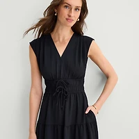 Be by CHETTA B Womens Midi V Neck Short Sleeve Fit + Flare Dress