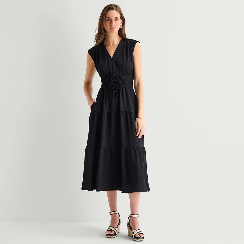 Be by CHETTA B Womens Midi V Neck Short Sleeve Fit + Flare Dress
