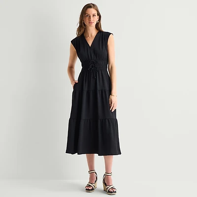 Be by CHETTA B Womens Midi V Neck Short Sleeve Fit + Flare Dress