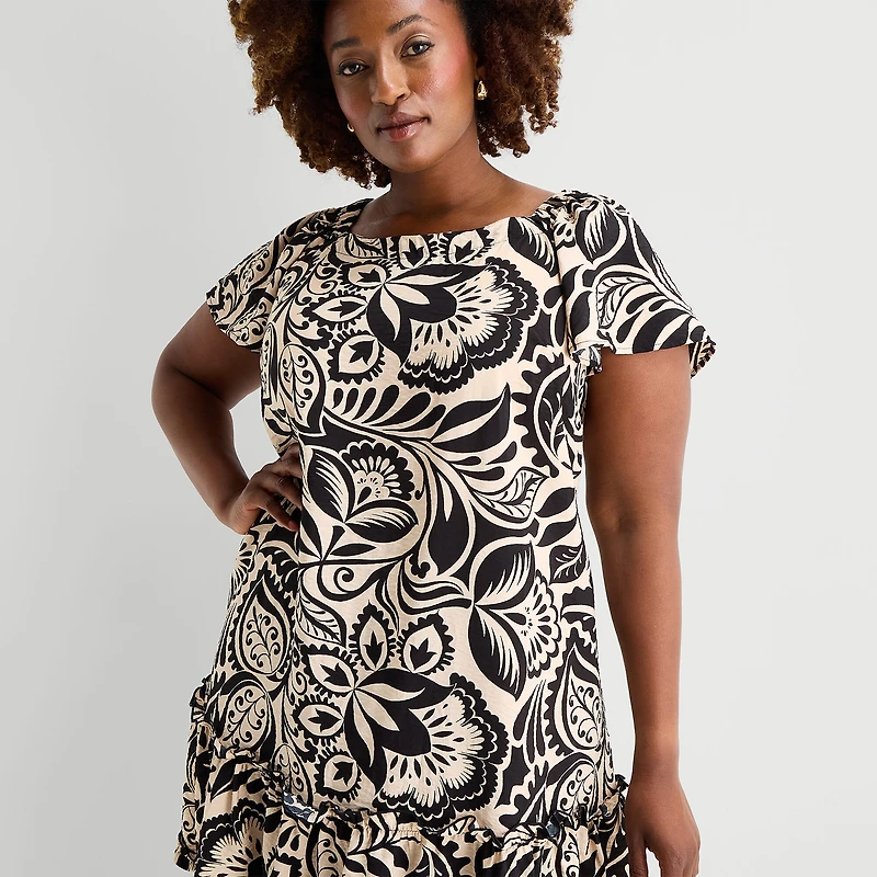 Robbie Bee Womens Plus Round Neck Short Sleeve Shift Dress