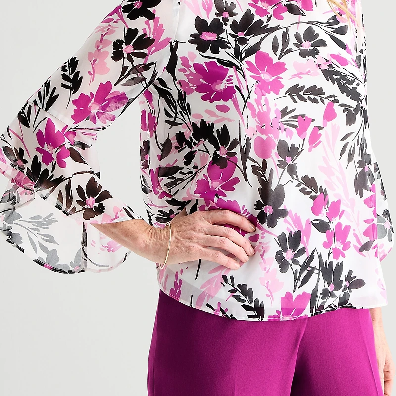 Black Label by Evan-Picone Womens Round Neck 3/4 Sleeve Blouse