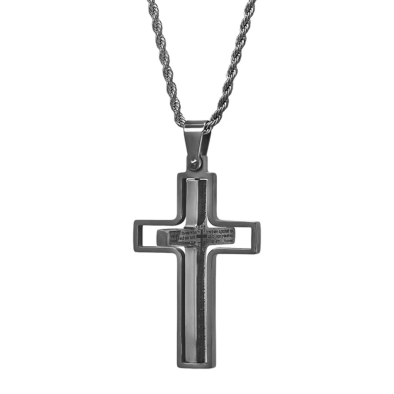 Steeltime Lord'S Prayer Mens Stainless Steel Cross Hypoallergenic 24 Inch Pendant Necklace