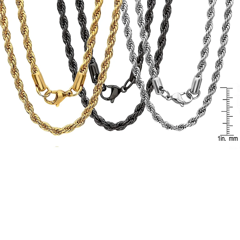 Steeltime Mens 18K Gold Over Stainless Steel Stainless Steel Hypoallergenic 24 Inch Rope Chain Necklace