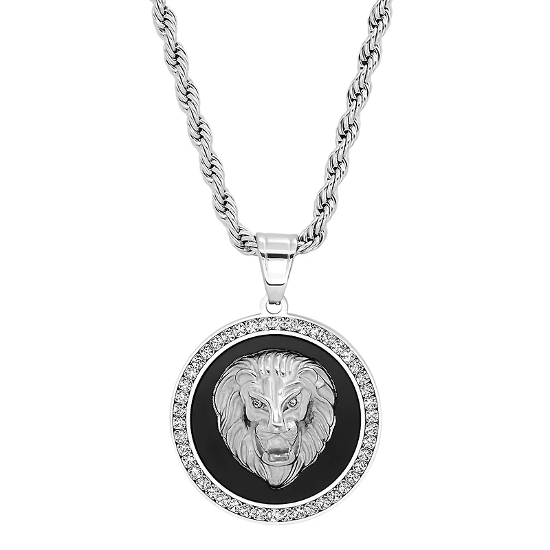 Steeltime Lion Mens Cubic Zirconia Stainless Steel Hypoallergenic 30 Inch Pendant Necklace