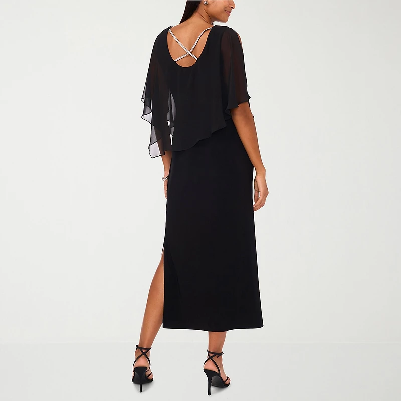MSK Womens Boat Neck Elbow Sleeve Cape Embellished Evening Gown