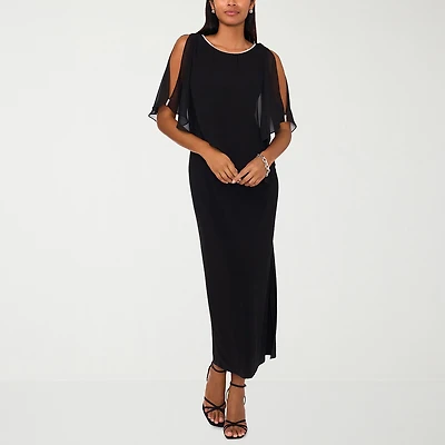 MSK Womens Boat Neck Elbow Sleeve Cape Embellished Evening Gown