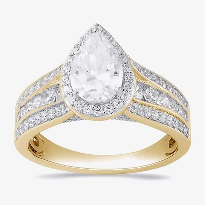 (G / I1) Womens 2 CT. T.W. Lab Grown White Diamond 10K Gold Pear Side Stone Halo Engagement Ring