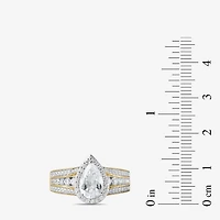 (G / I1) Womens 2 CT. T.W. Lab Grown White Diamond 10K Gold Pear Side Stone Halo Engagement Ring