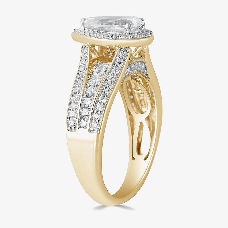 (G / I1) Womens 2 CT. T.W. Lab Grown White Diamond 10K Gold Pear Side Stone Halo Engagement Ring