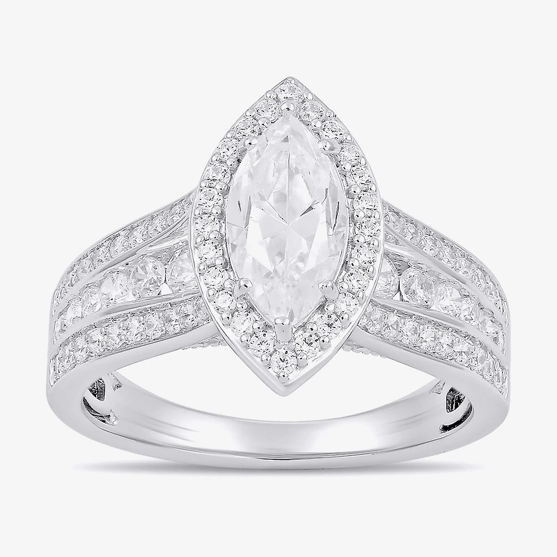 (G / I1) Womens 2 CT. T.W. Lab Grown White Diamond 10K Gold Marquise Side Stone Halo Engagement Ring