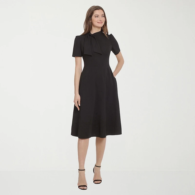 Ivy & Blue Womens Midi Split Tie Neck Short Sleeve Cap Fit + Flare Dress