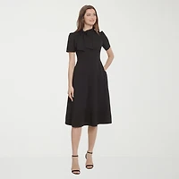 Ivy & Blue Womens Midi Split Tie Neck Short Sleeve Cap Fit + Flare Dress