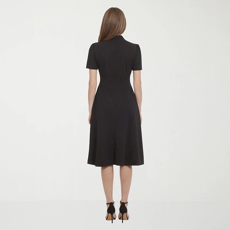 Ivy & Blue Womens Midi Split Tie Neck Short Sleeve Cap Fit + Flare Dress