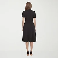 Ivy & Blue Womens Midi Split Tie Neck Short Sleeve Cap Fit + Flare Dress