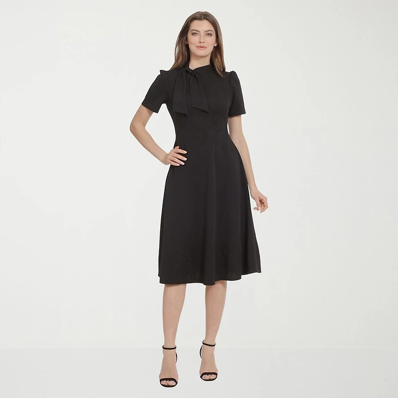 Ivy & Blue Womens Midi Split Tie Neck Short Sleeve Cap Fit + Flare Dress