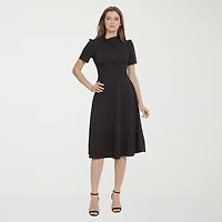 Ivy & Blue Womens Midi Split Tie Neck Short Sleeve Cap Fit + Flare Dress