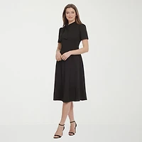 Ivy & Blue Womens Midi Split Tie Neck Short Sleeve Cap Fit + Flare Dress
