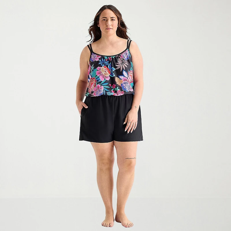 Sonnet Shores Womens Floral Plus Swim Romper