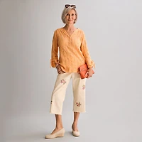 Alfred Dunner Beachcomber Womens Split Crew Neck 3/4 Sleeve Blouse