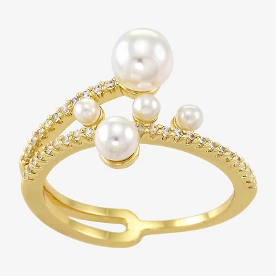 Sparkle Allure Wrap Womens Simulated Pearl Pure Silver Over Brass Cluster Bypass Cocktail Ring