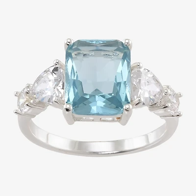 Sparkle Allure Side Stone Womens Blue Crystal Pure Silver Over Brass Cocktail Ring