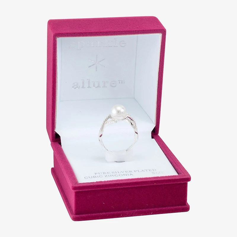 Sparkle Allure Twisted Shank Crossover Womens Simulated Pearl Pure Silver Over Brass Round Engagement Ring