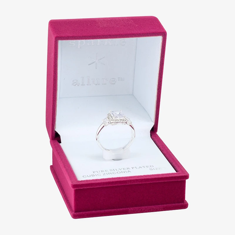 Sparkle Allure Side Stone Womens Cubic Zirconia Pure Silver Over Brass Halo Engagement Ring