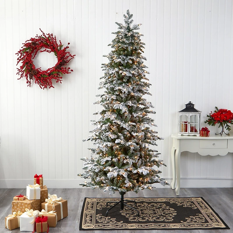 Nearly Natural Carolina 8 Foot Pre-Lit Flocked Fir Christmas Tree