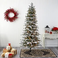 Nearly Natural Carolina 8 Foot Pre-Lit Flocked Fir Christmas Tree