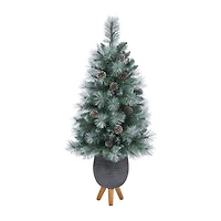 Nearly Natural Frosted Tip 3 1/2 Foot Pre-Lit Flocked Potted Pine Christmas Tree