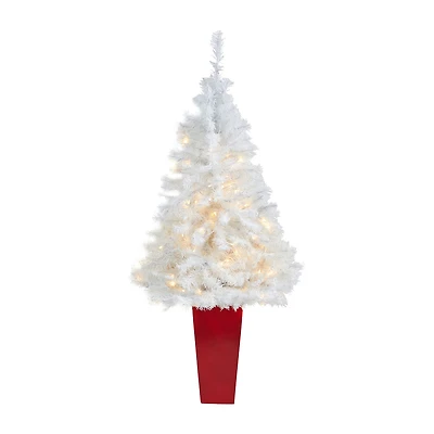 Nearly Natural White 4 1/2 Foot Pre-Lit Potted Pine Christmas Tree