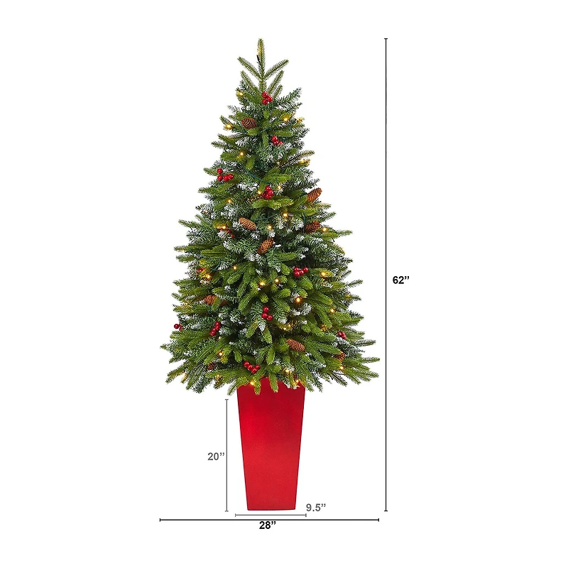 Nearly Natural Snow Tipped Spruce 5 Foot Pre-Lit Flocked Potted Spruce Christmas Tree